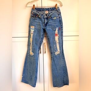 True Religion Woodstock Flare Jeans Sz 27 Fits 25-26 Patchwork Distressed Boho